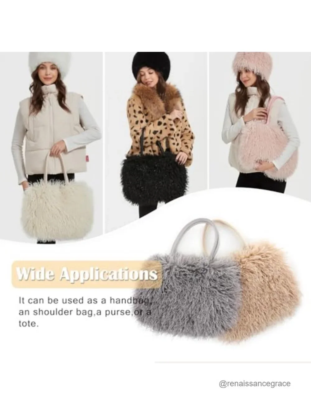 Women's Fuzzy Tote Bag Curly Handbag Furry Shoulder Bag Large Plush Top Handle